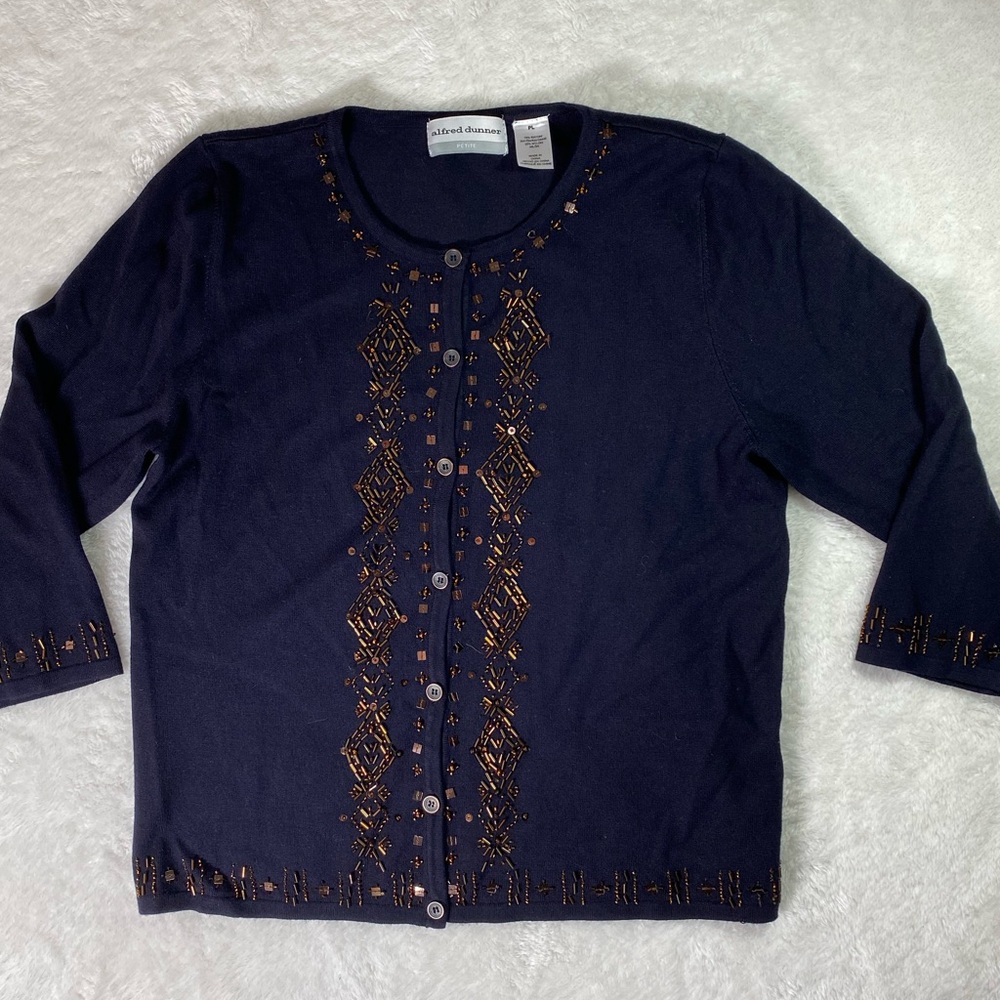 Alfred Dunner Petite Beaded Cardigan Navy Blue Knit Sweater size petite Large